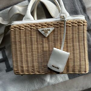 Prada Natural Wicker Tote with White canvas trim